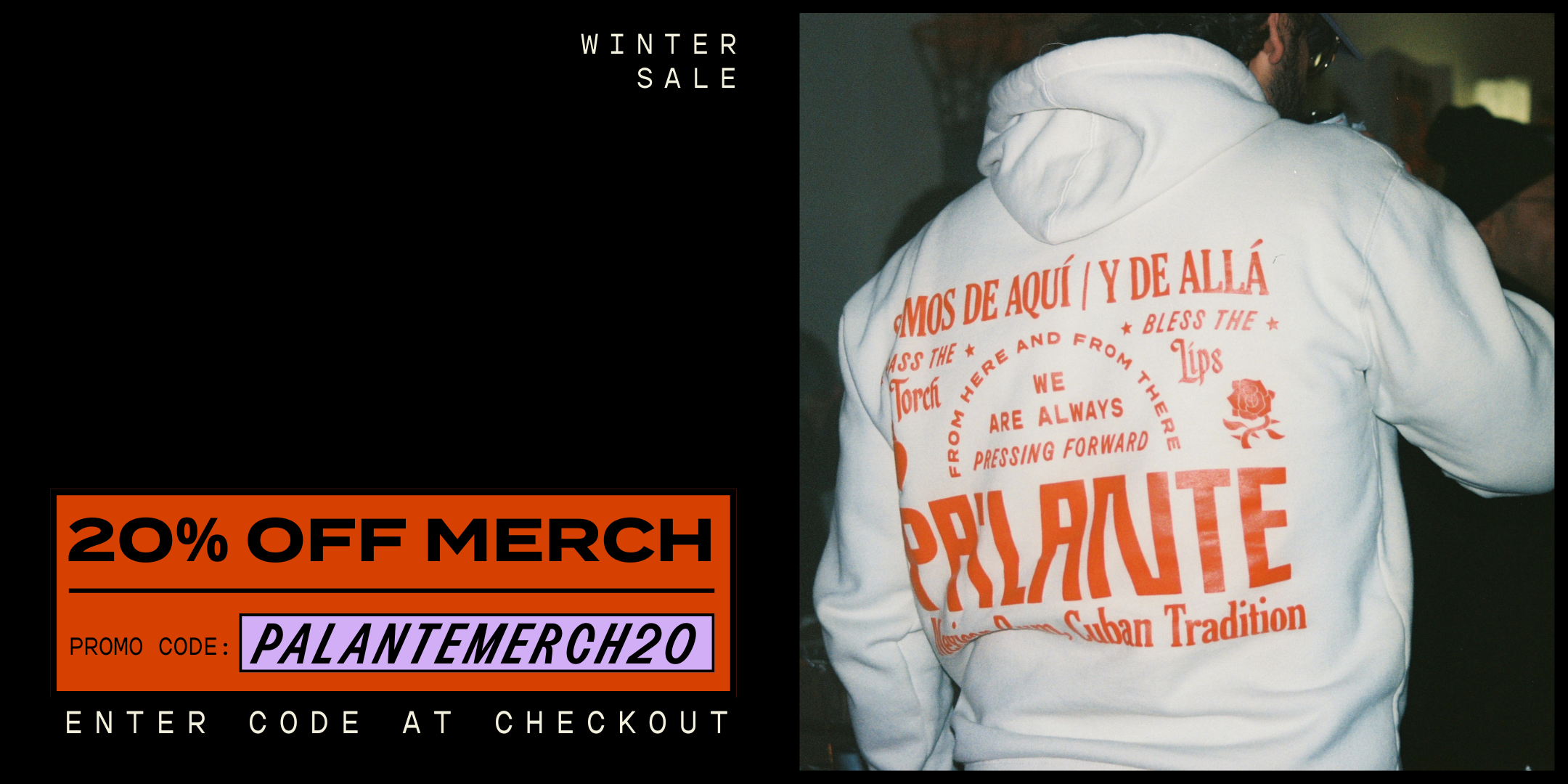 White hoodie with red text on the back, promotional banner for winter sale and merchandise discount.