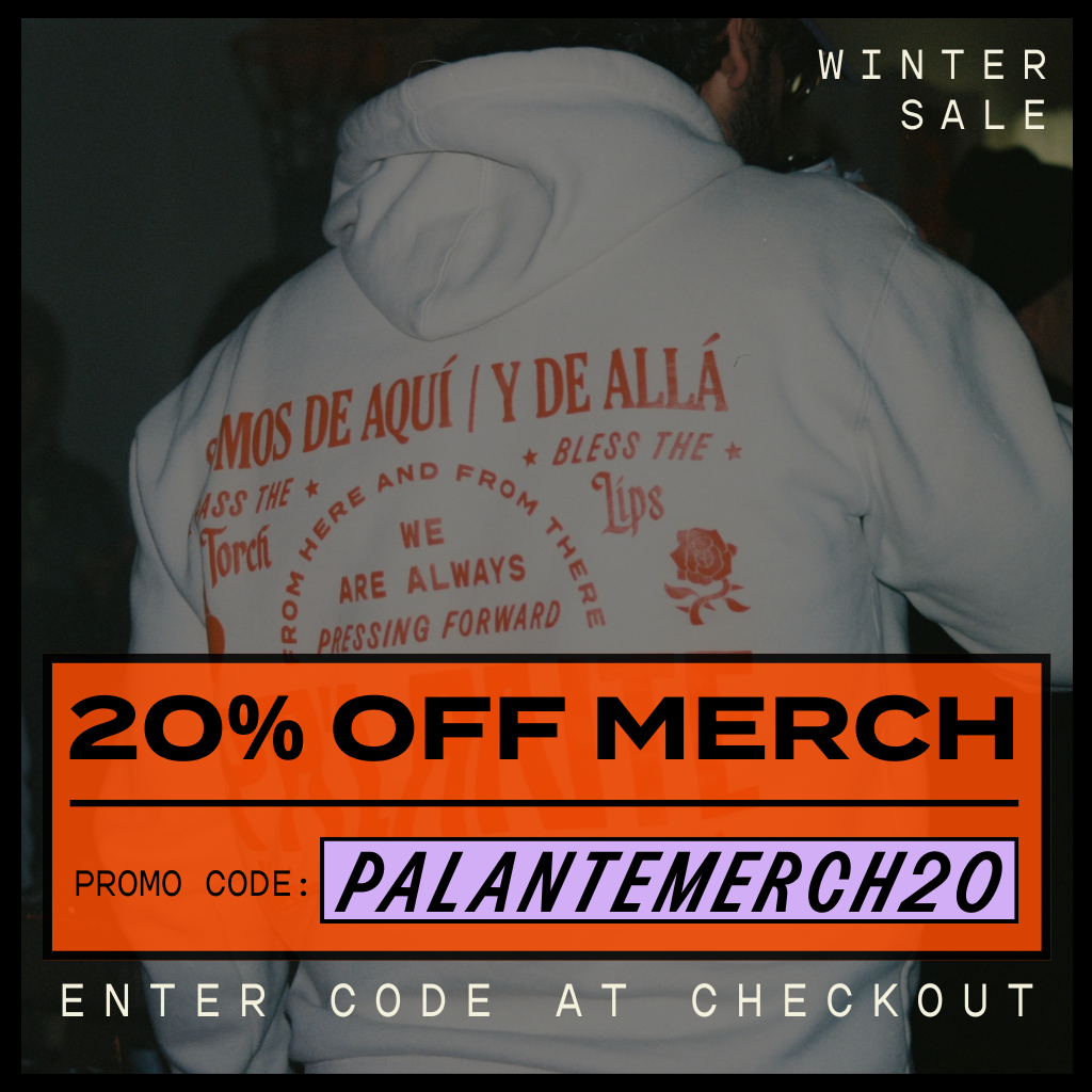 Person wearing a hoodie with text and a promotional banner for a winter sale and merchandise discount.